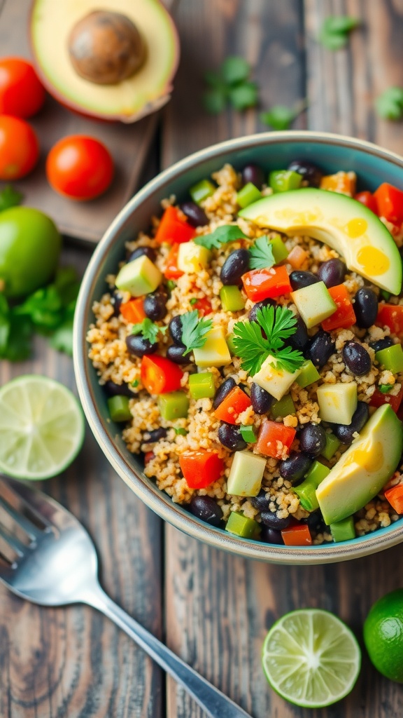 A colorful quinoa salad with black beans, avocado, tomatoes, and bell peppers, garnished with cilantro and lime.